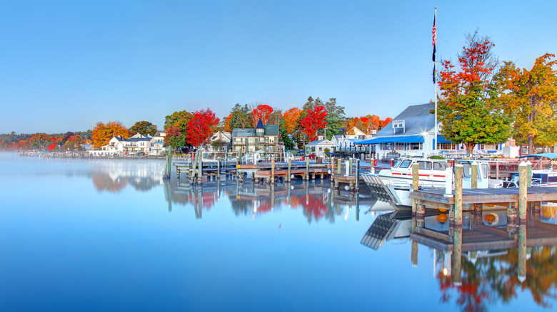 View from the water of Wolfeboro's docks in the fall