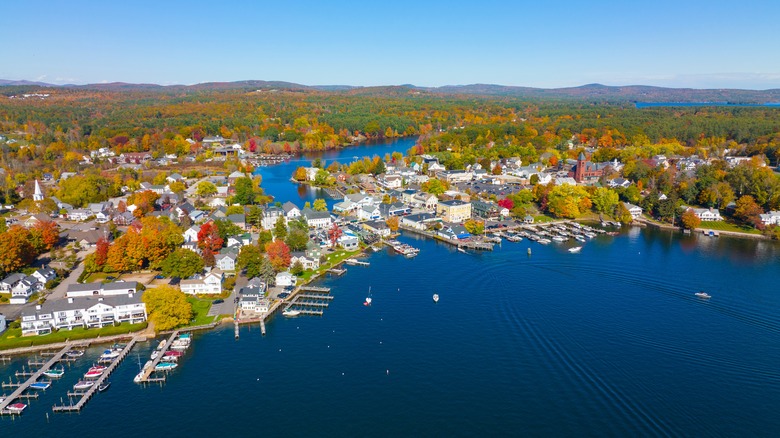 an aerial view of the lake and town of Wolfeboro