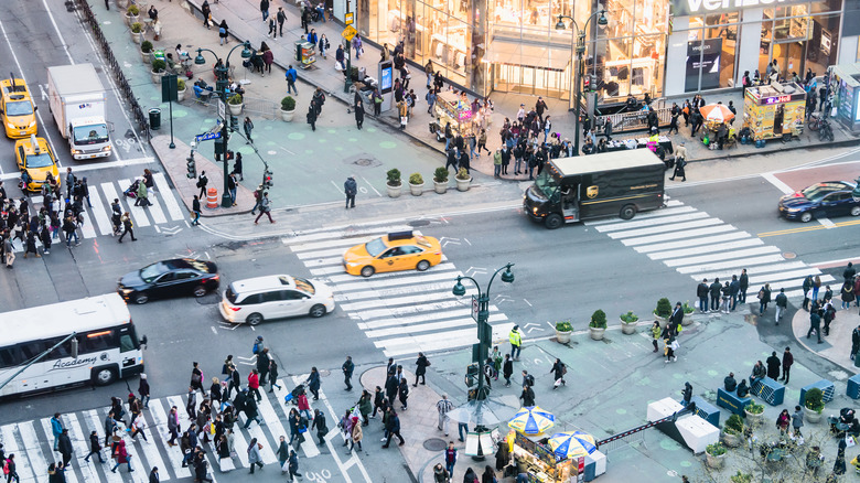 Aerial view of a busy intersection in Herald Square, New York City