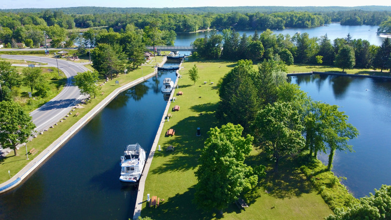 Loop boats tied to a lock wall on the Trent-Severn Waterway in Canada