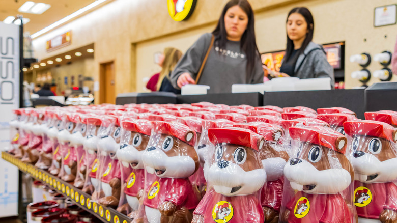 A shelf filled with toy beavers inside Buc-ee's