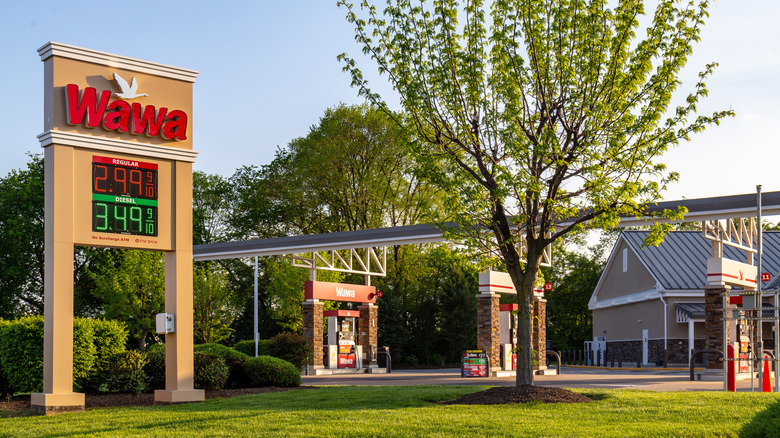Exterior view of a Wawa gas station and pumps