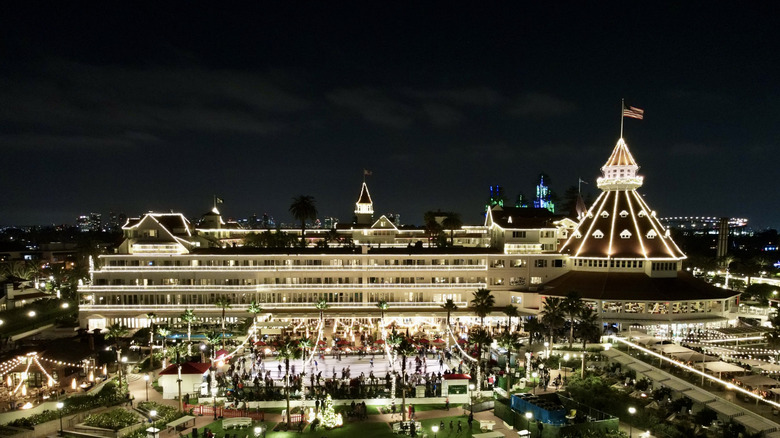 Exterior night view of Christmas lights at the Hotel Del Coronado in San Diego, California.