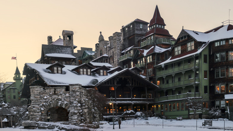 The Mohonk Mountain Resort in New Paltz, NY in the snow.
