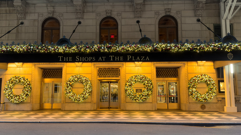 The facade of the Plaza Hotel in New York City at Christmas.