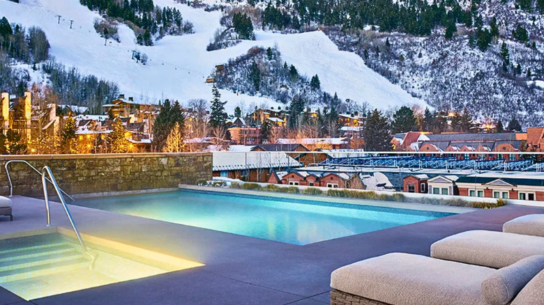The pool area at the Little Nell Hotel in Aspen, CO in winter.