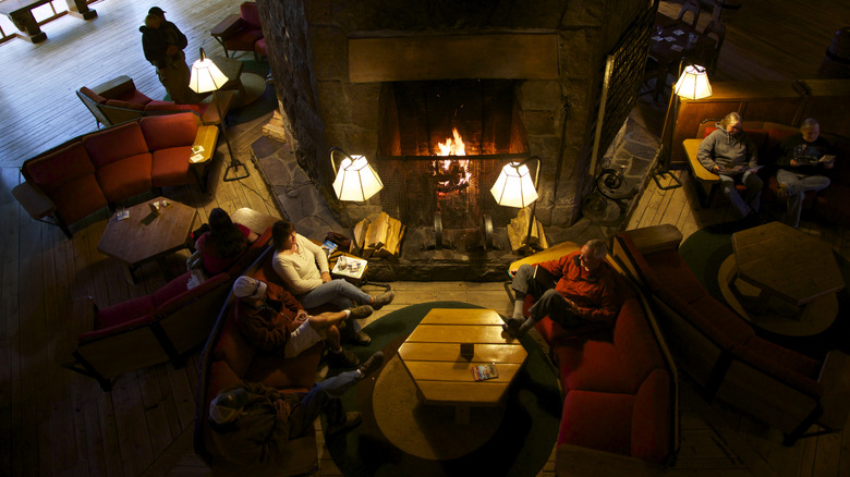 The interior of the Timberline Lodge in Oregon at night.