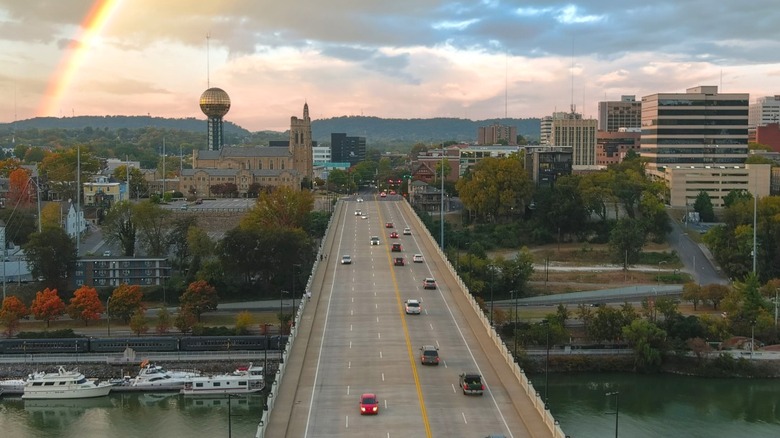An aerial view of cars driving over a bridge in Knoxville