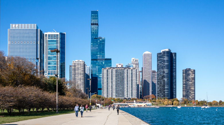Walking along Lake Michigan with the Chicago skyline in the background