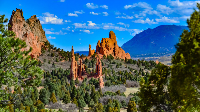 Red Sandstone formations contrast the blue sky at the Garden of the Gods, Colorado.