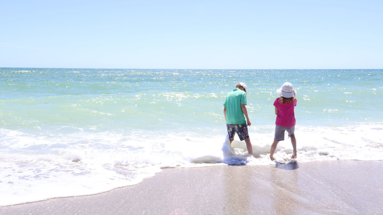 Two children playing in the turquoise waters on Siesta Key, Florida.