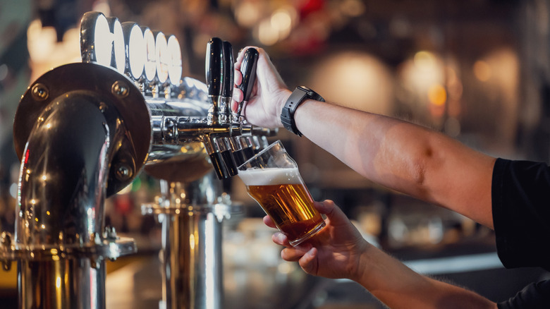 A bartender fills up a pint glass with draft beer