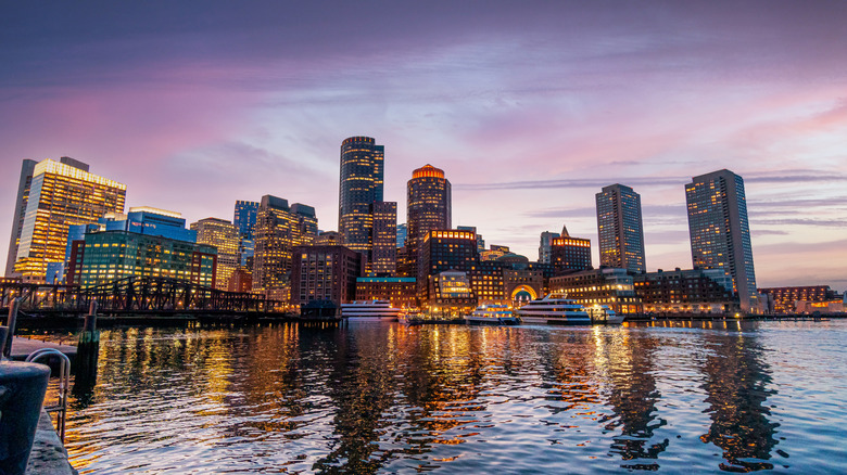 Skyline along Boston Harbor at night