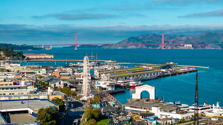 Aerial view of San Francisco coastline with Golden Gate in background