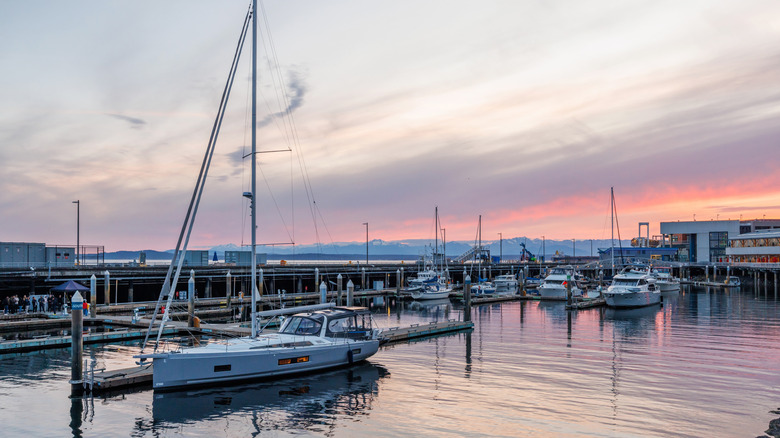 Seattle harbor at sunset with boats