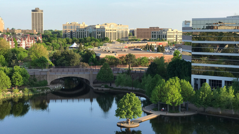 An aerial view of Centennial Lake and nearby businesses in Edina, Minnesota