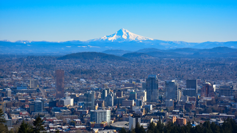 Bird's eye view of Portland, Oregon with Mt. Hood in background