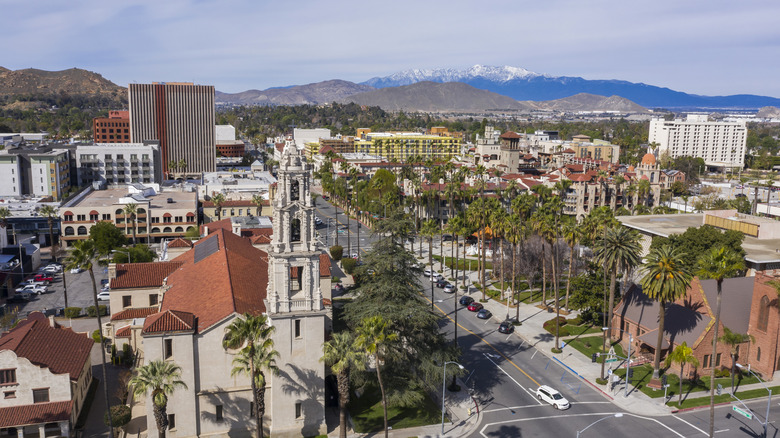 The historic downtown of Riverside, California, from an aerial view