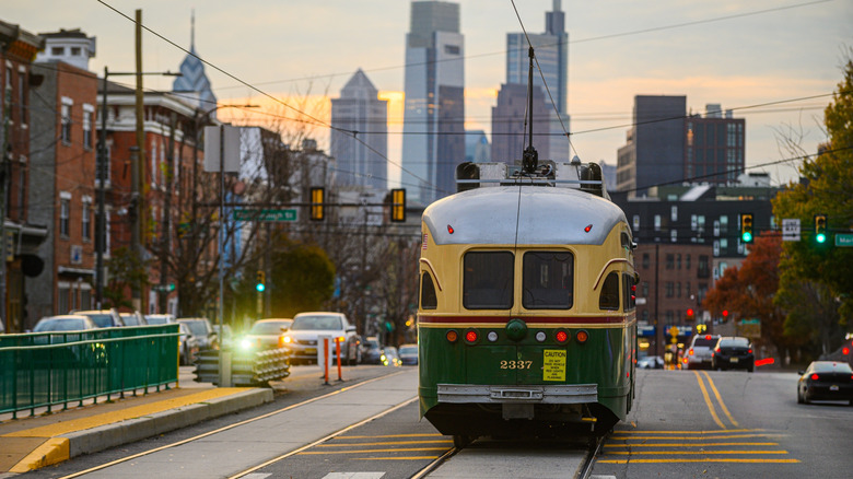 Trolley with Philadelphia skyline in background