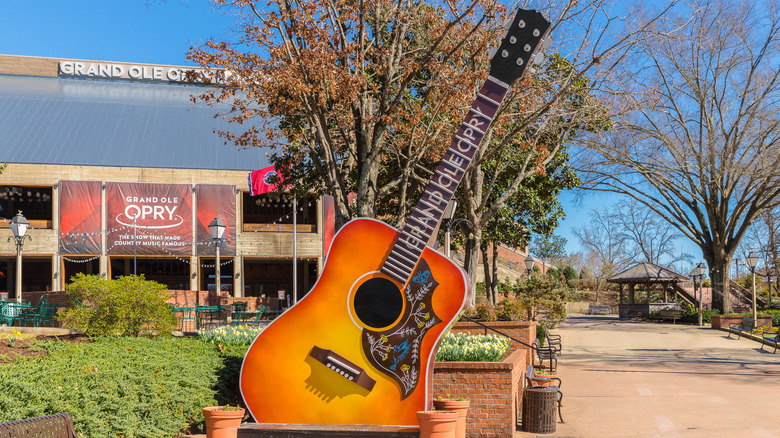 The Grand Ole Opry in Nashville Tennessee, with the giant guitar statue in front of the historic venue