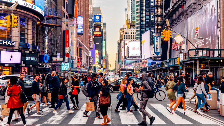 A busy pedestrian crossing in Times Square