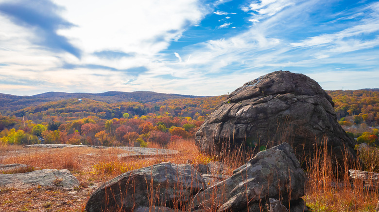 A big rock and an autumnal view in Dater Mountain Country Park in New York