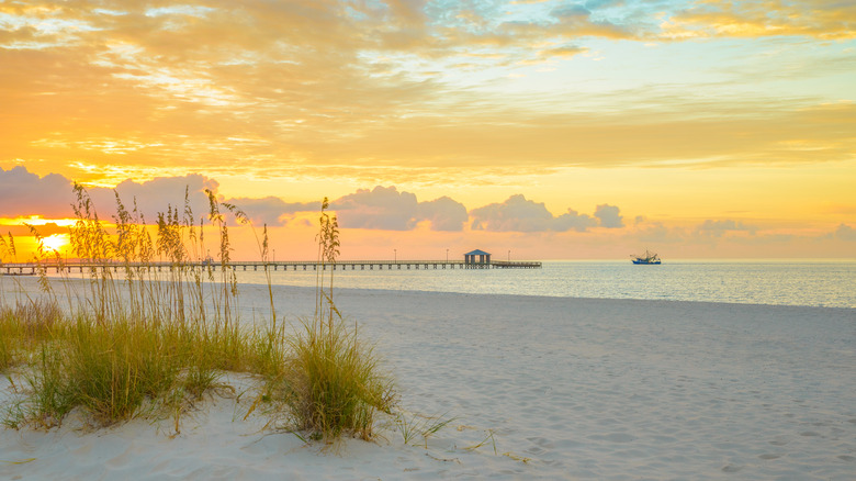 Beach at sunset with vegetation, a pier, and a shrimp boat
