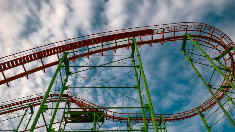 A roller coaster set against a blue cloudy sky