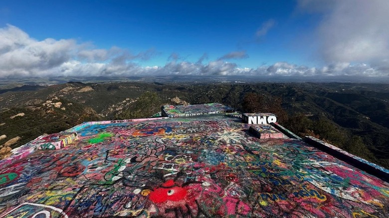 The graffiti-covered Topanga Lookout with views of the Santa Monica Mountains