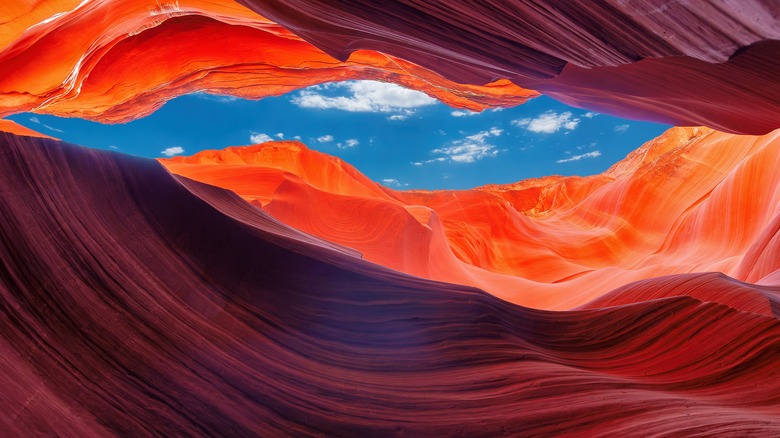 View of sky through sunlit Antelope Canyon