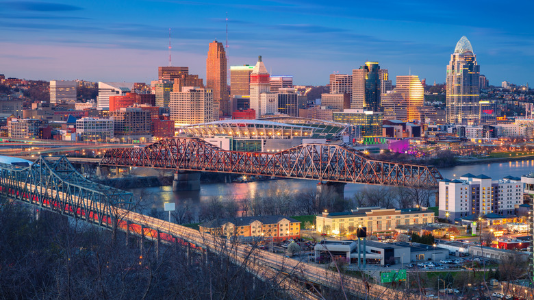 Aerial cityscape image of Cincinnati's downtown at dusk