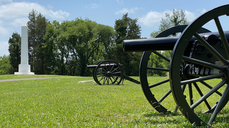 black civil war cannons on green grass with a white monolith in the background