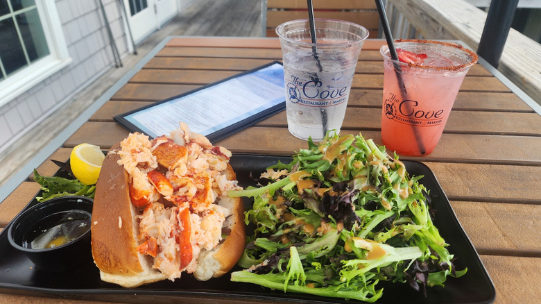 A lobster roll on the outdoor patio of the Cove, a restaurant in Fall River, Massachusetts