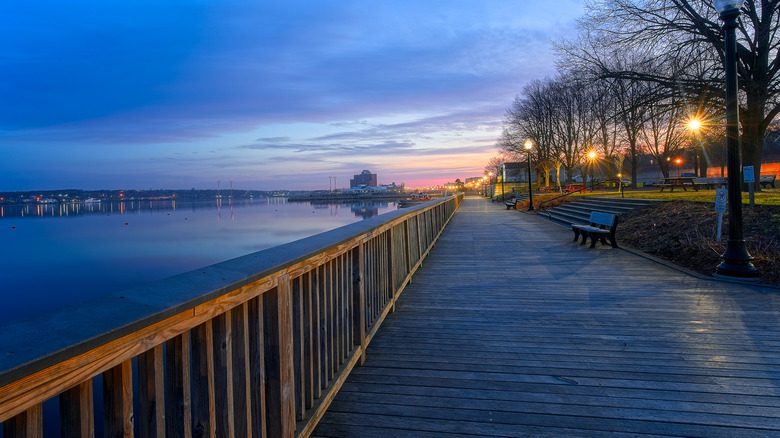 A view of the Taunton River along the boardwalk in Fall River Heritage State Park in Fall River, Massachusetts