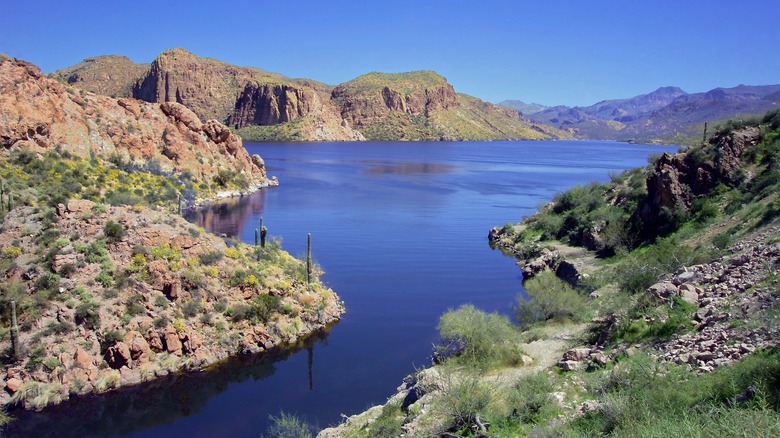 Aerial view of Canyon Lake with cliffs and bluffs around it