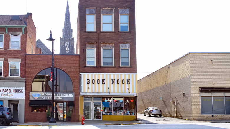 Old buildings housing shops on Main Street in Downtown Butler, Pennsylvania