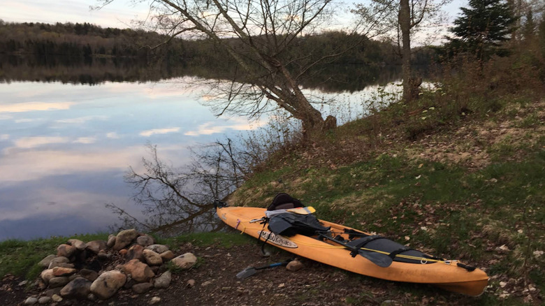 A kayak by a campsite at Green River Reservoir State Park, Vermont