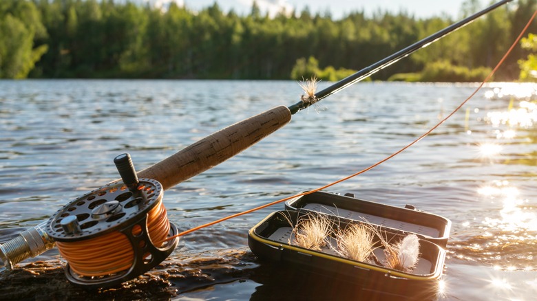 Fishing equipment on a calm river