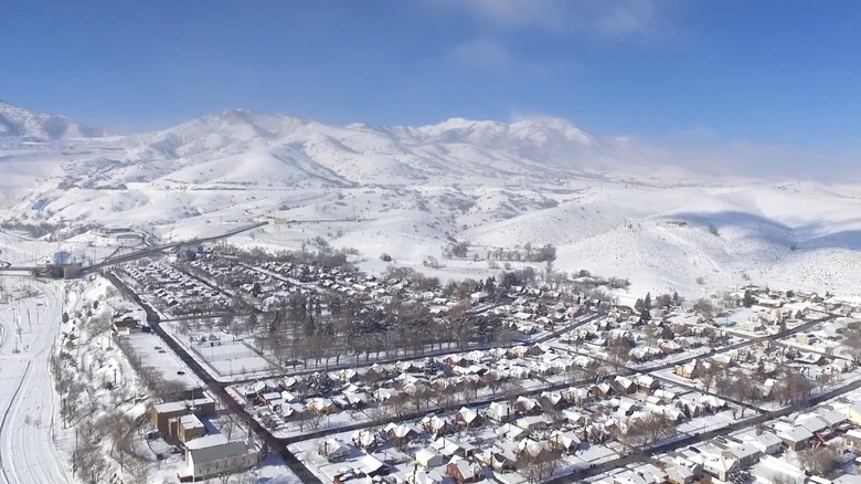 Aerial view of Copperton, Utah in the winter