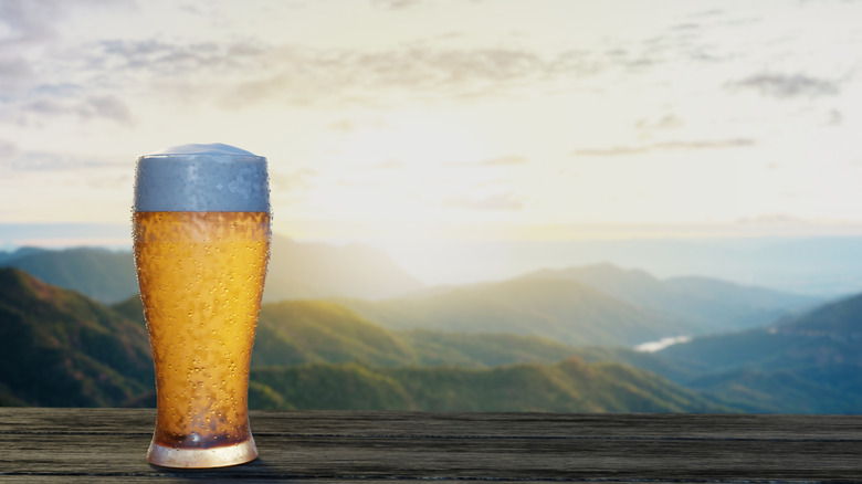 A cold draft beer on the railing looking out toward the mountains
