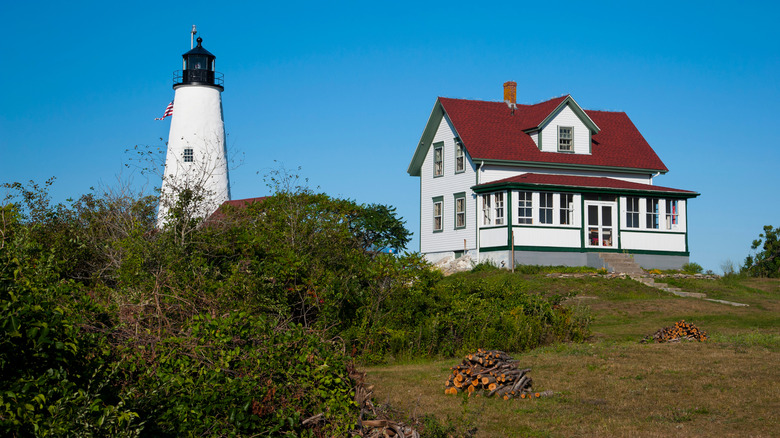 The Bakers Island lighthouse and historic assistant keepers house on Bakers Island in Salem Sound, Massachusetts.