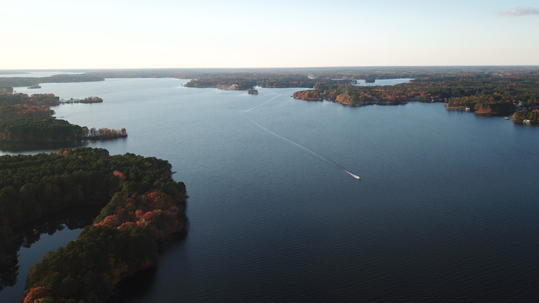 Aerial view of a boat on Lake Gaston, North Carolina