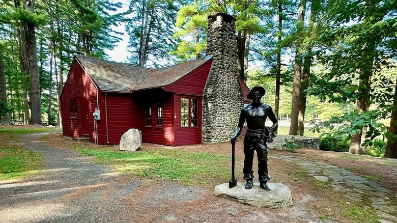 CCC worker statue outside Chatfield Hollow historical building