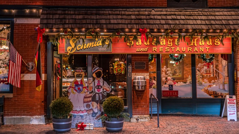 Storefront of Schmidt's Sausage Haus in the German Village decorated for Christmas