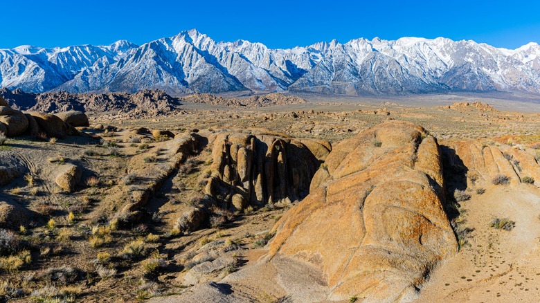Snow on the Sierra Nevada with the Alabama Hills in the foreground