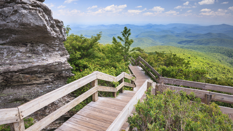 Startling vista from Rough Ridge Overlook, part of the Tanawha Trail leading to a cliff-lined alpine crest off the Blue Ridge Parkway near Boone, North Carolina