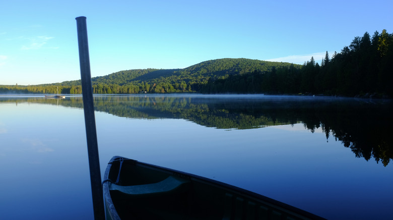 View of a canoe floating on Daniels pond in Glover, Vermont