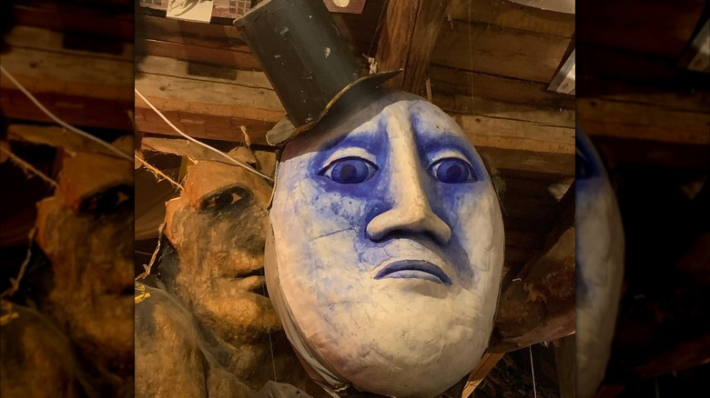 Closeup of a large puppet head at the Bread and Puppet Theater in Glover, Vermont