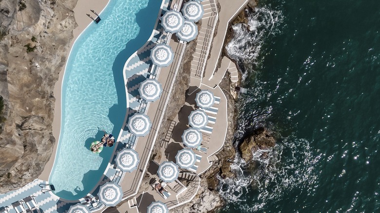 Aerial view of the beach club at Hotel Miramalfi, on the Amalfi Coast in Italy