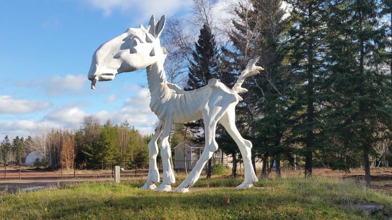 Surreal racehorse sculpture at Animaland Park in New Brunswick